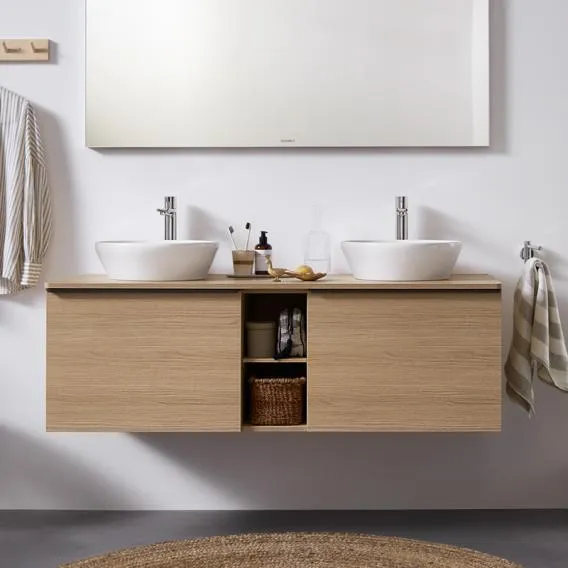 Тумба подвесная под две раковины DURAVIT D-Neo DE4950B4949 1400 мм х 550 мм, с 2 выдвижными ящиками и открытой полкой, графит матовый