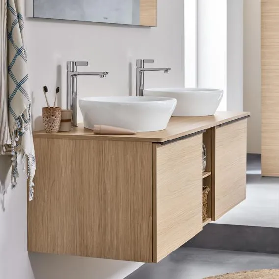 Тумба подвесная под две раковины DURAVIT D-Neo DE4950B4949 1400 мм х 550 мм, с 2 выдвижными ящиками и открытой полкой, графит матовый