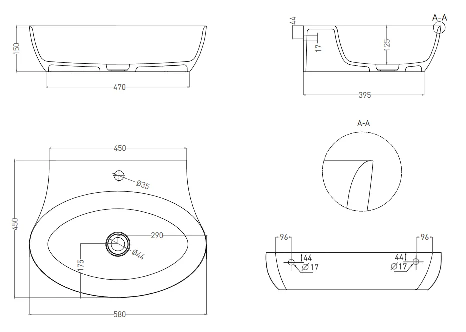 Раковина подвесная/накладная овальная SALINI ALDA WALL 01 140311G 450х580х150мм, S-Sense, с отверстием под смеситель, цвет Белый глянцевый
