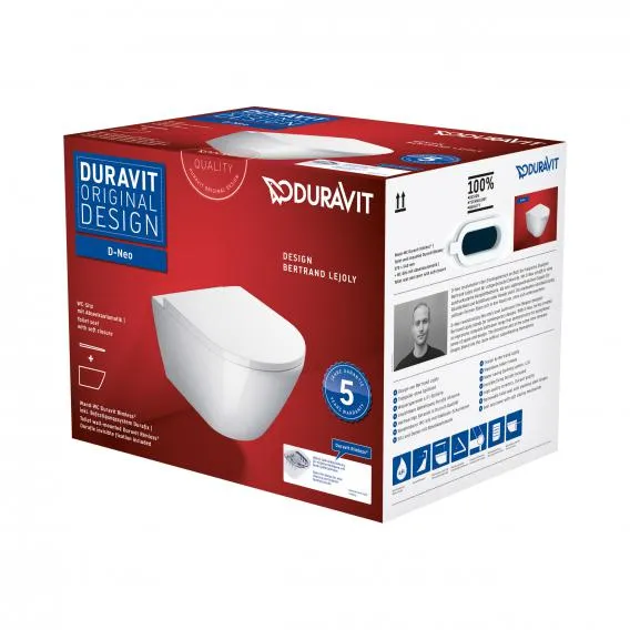 Унитаз подвесной + сиденье Duravit D-Neo Rimless 45770900A1 370 мм х 540 мм, с вертикальным смывом, без смывного края, с креплением Durafix, белый
