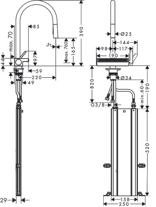 Кухонный смеситель однорычажный  с вытяжным душем Hansgrohe Aquno Select М81 73831800 под сталь