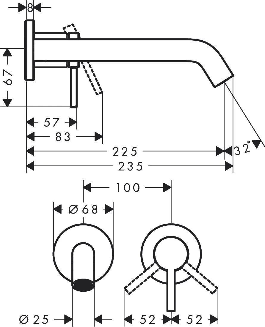 Настенный однорычажный смеситель для раковины HANSGROHE TECTURIS S 73351000 излив 225 мм, с EcoSmart+, цвет Хром