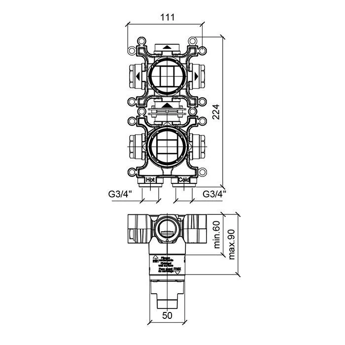 Вертикальная встраиваемая часть монокомандного смесителя для душа ALMAR Modular E186906 на 3 потребителя, для арт. E180191, E180141, цвет Чёрный