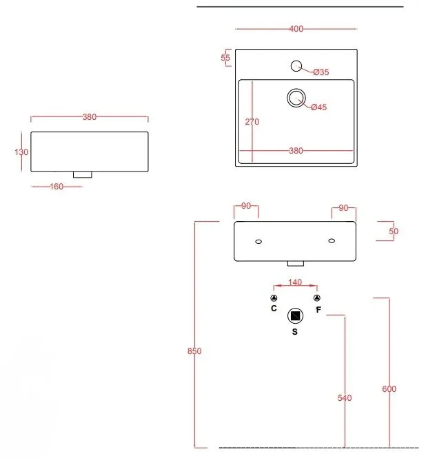 Раковина подвесная/накладная ARTCERAM QUADRO QUL005 01 00 400 мм х 380 мм, c отверстием под смеситель, без перелива, белый глянцевый