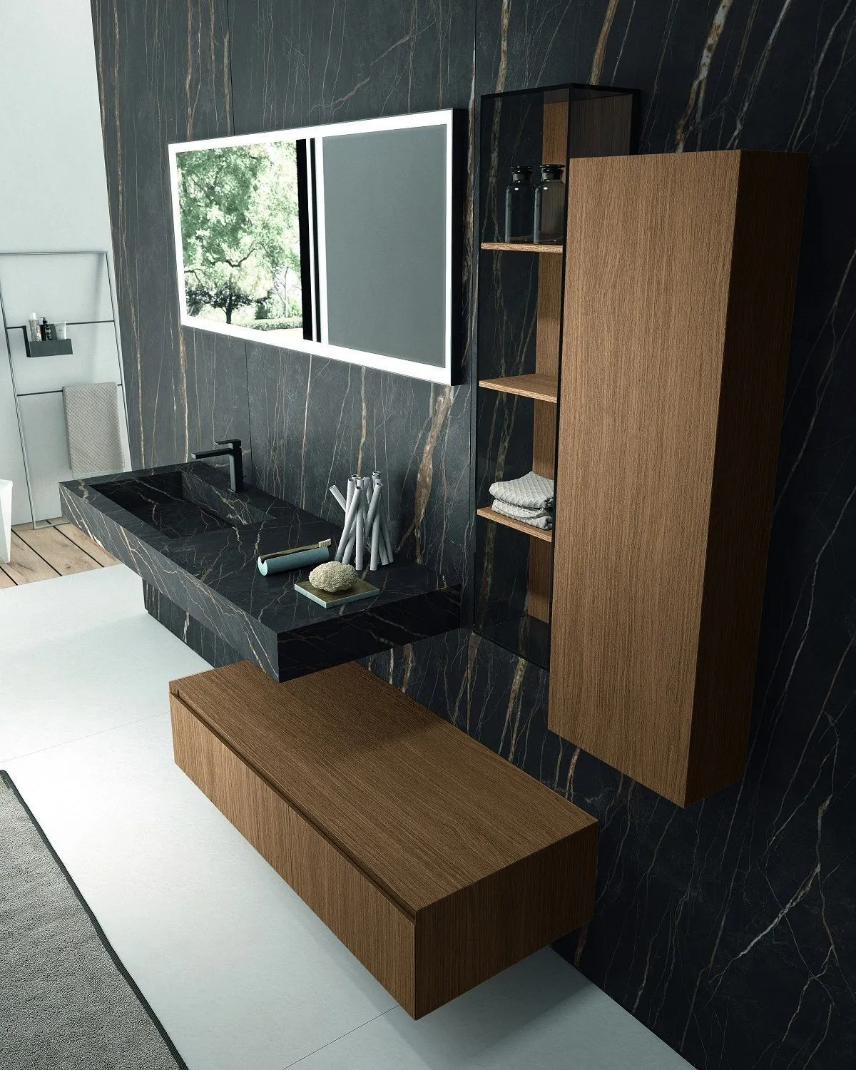 Полка для ванной комнаты BMT IKON 901 537 CMB 01 431   243х1090х172 мм, цвет Italian Walnut/Gres Noir Desir