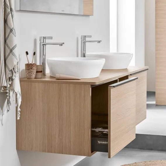 Тумба подвесная под две раковины DURAVIT D-Neo DE4950B4949 1400 мм х 550 мм, с 2 выдвижными ящиками и открытой полкой, графит матовый