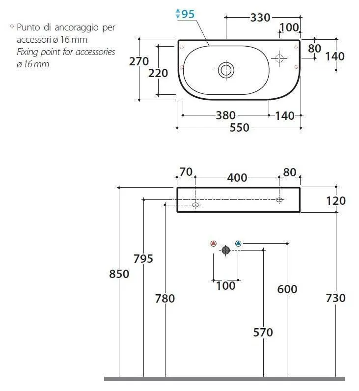 Раковина подвесная GLOBO FORTY3 SCT55BI   550 мм х 120 х 270 мм, без отверстия под смеситель, без перелива, белый глянцевый