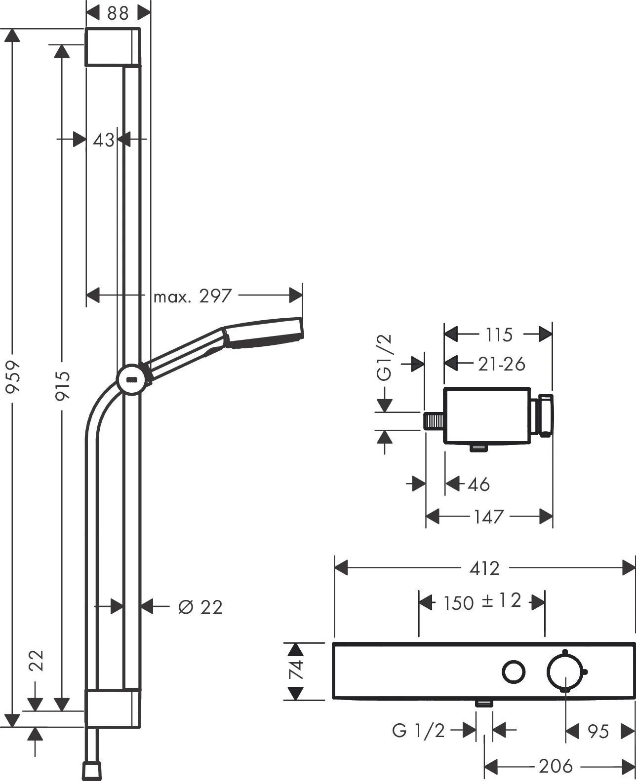 Душевая система с термостатом Hansgrohe Pulsify Select S 24270000 105 3 jet Relaxation, cо штангой 900 мм, хром