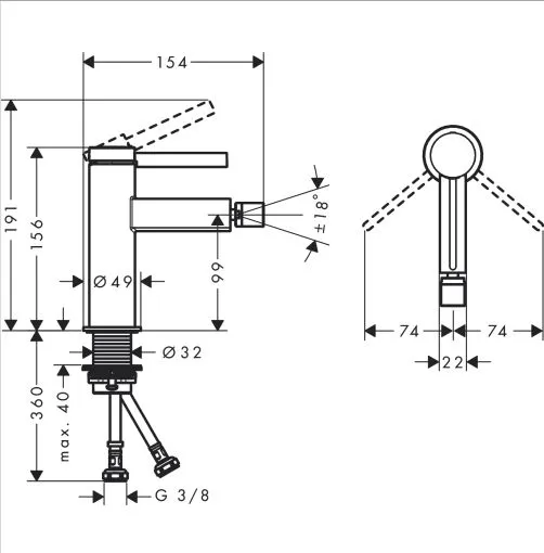 Смеситель для биде Hansgrohe Finoris 76200670 со сливным клапаном push-open, цвет Чёрный матовый
