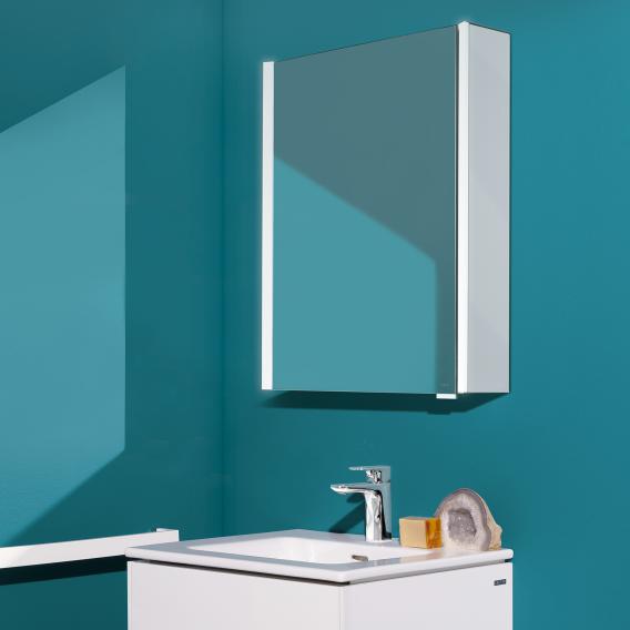 Зеркальный шкафчик с подсветкой  Laufen  Frame25   4.0840.1.900.145.1  60 см,  1 зеркальная дверь  левая, корпус алюминий/белый лак, сенсор, 2 розетки
