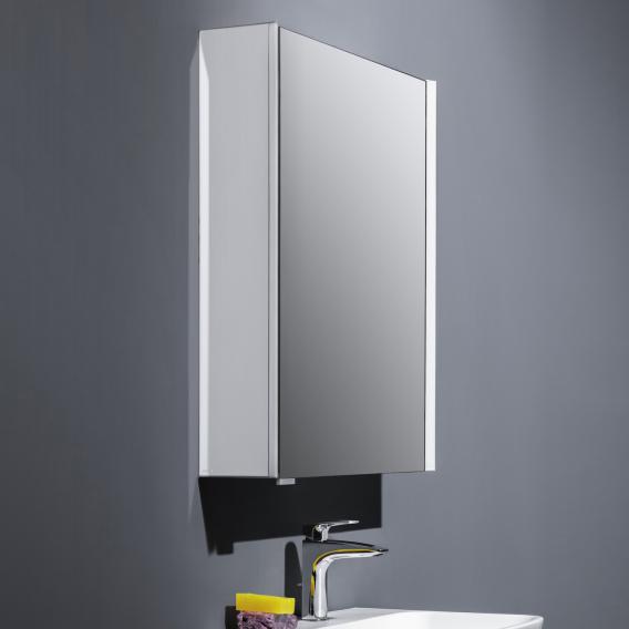 Зеркальный шкафчик с подсветкой  Laufen  Frame25   4.0832.2.900.145.1 45 см,  1 зеркальная дверь  справа, корпус алюминий/белое стекло, сенсор, 2 розетки