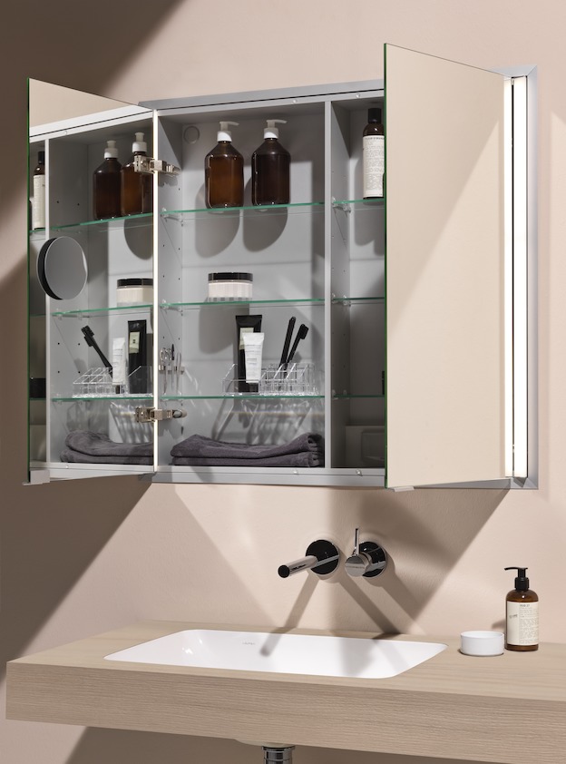 Зеркальный шкафчик с подсветкой  Laufen  Frame25   4.0850.3.900.144.1  80 см,  2 зеркальные дверцы, корпус алюминий/зеркало, сенсор, 2 розетки