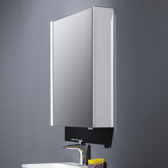 Зеркальный шкафчик с подсветкой  Laufen  Frame25   4.0830.1.900.145.1 45 см,  1 зеркальная дверь  слева,  корпус алюминий/белое стекло, сенсор, 2 розетки