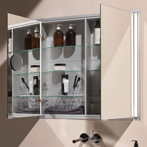 Зеркальный шкафчик с подсветкой  Laufen  Frame25   4.0850.3.900.145.1  80 см,  2 зеркальные дверцы, корпус алюминий/белое стекло, сенсор, 2 розетки